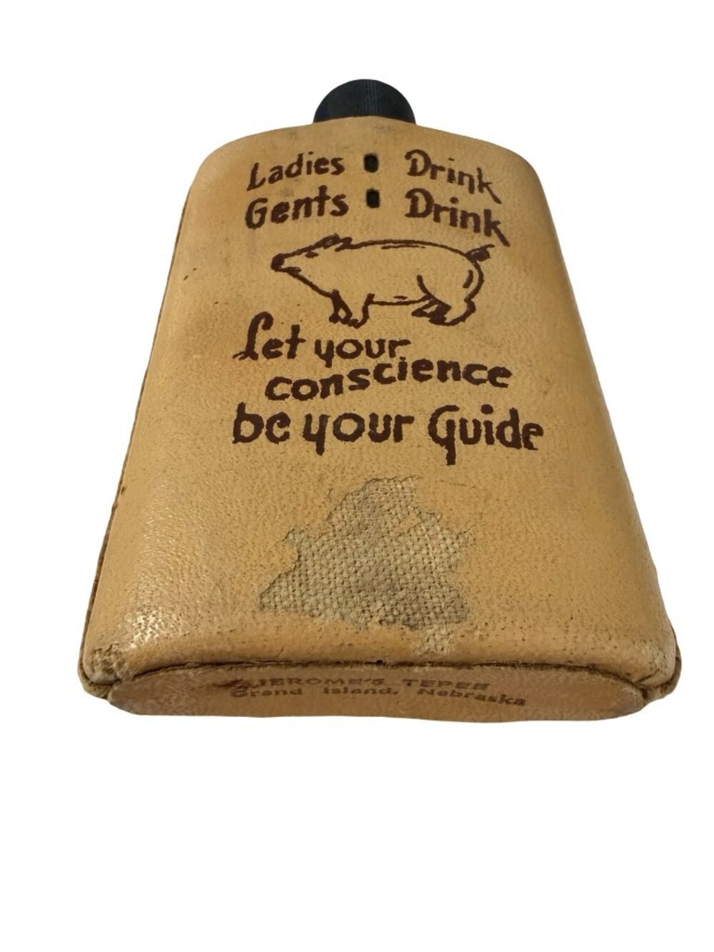 Vintage Jerome's Tepee Grand Island Nebraska Glass Flask Leather Covered Souveni - Picture 3 of 6
